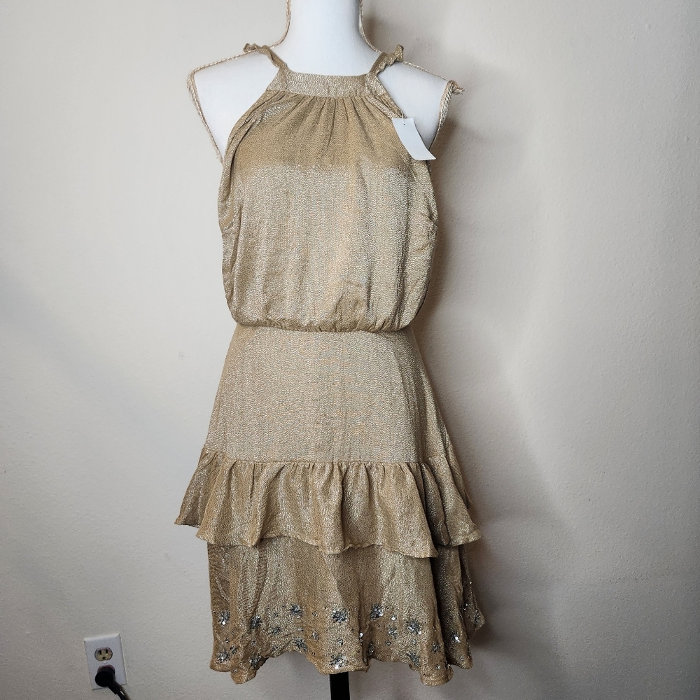 NWT Sundress Womens Medium Lune Positano Dark Beige Embordered Dress Open Back